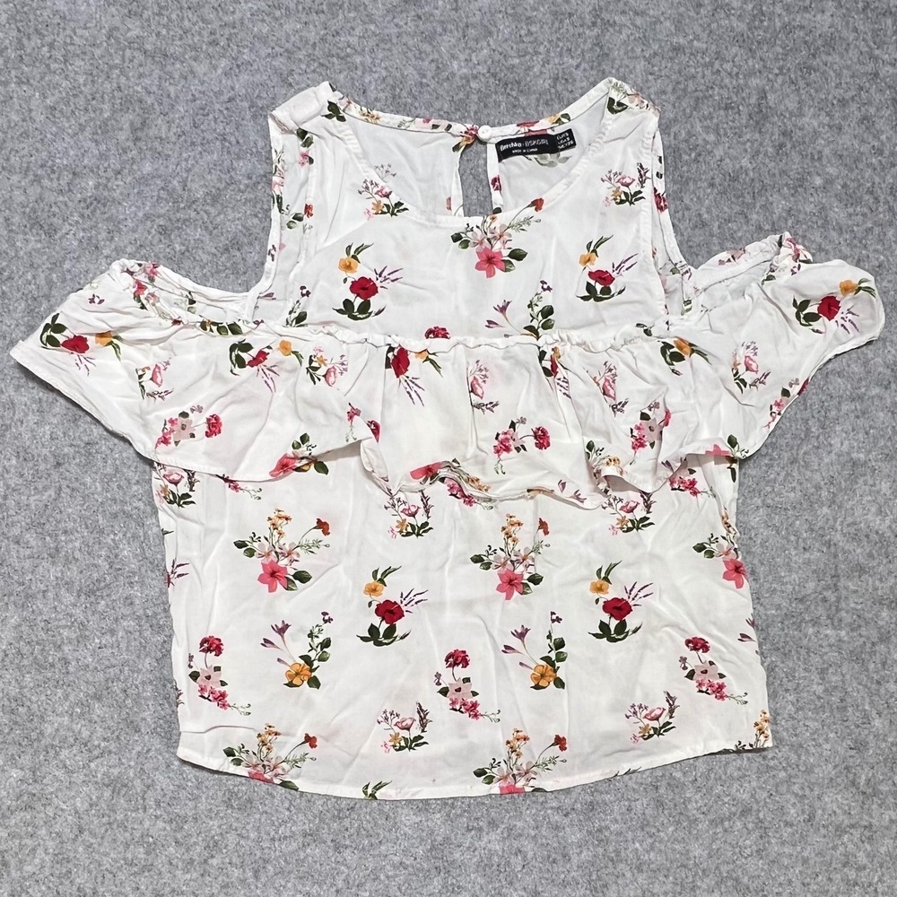 Bershka BSKGIRL‎ Kids White Floral Cold Shoulder Ruffle Blouse Youth Small